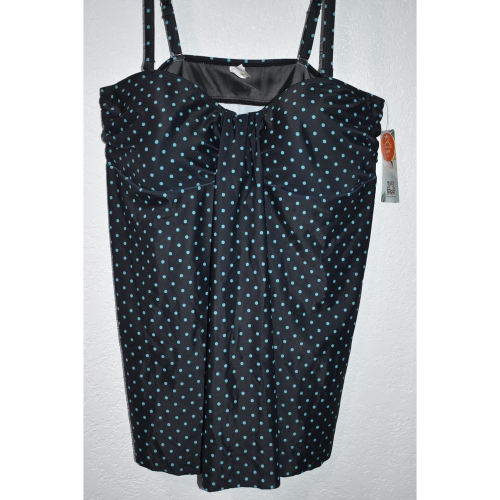 Attraco Sports Tankini‎ Top 2XL UPF50+ Swim Black w/Blue Polka Dots NEW w/Tags